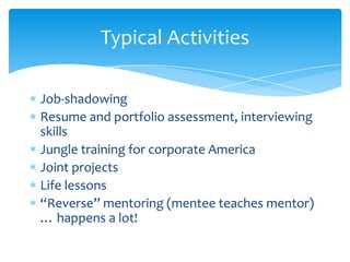 Job-shadowing
Resume and portfolio assessment, interviewing
skills
Jungle training for corporate America
Joint projects
Li...