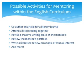 Co-author an article for a literary journal
Attend a local reading together
Revise a creative writing piece of the mentee’...