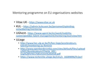 Mentoring programme on EU organisations websites
• Vitae UK - https://www.vitae.ac.uk
• KUL - https://admin.kuleuven.be/personeel/opleiding-
ontwikkeling/mentoring
• UGhent - https://www.ugent.be/en/work/mobility-
career/postdoc-talent-management/mentoring/overview.htm
• ULiege
• http://www.hec.ulg.ac.be/fr/hec-liege/accelerateurs-
talents/mentoring-au-feminin
• http://www.openbordersmba.com/sites/default/files/upload
s/HEC/Accelerateurs/Charte_HEC-
ULg%20Fe%CC%81minin%202018.pdf
• https://www.recherche.uliege.be/cms/c_10289096/fr/psrl
 