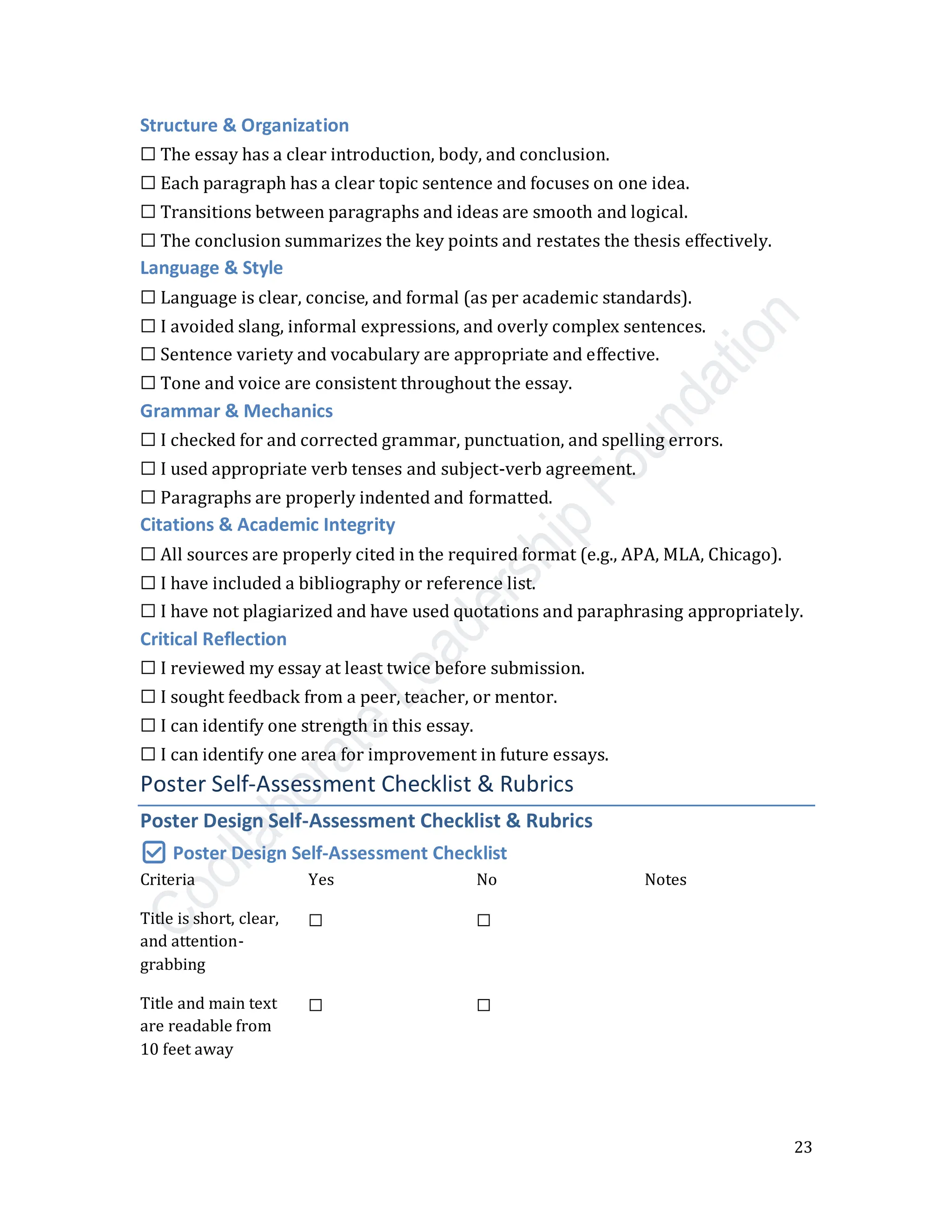 23
Structure & Organization
☐ The essay has a clear introduction, body, and conclusion.
☐ Each paragraph has a clear topic sentence and focuses on one idea.
☐ Transitions between paragraphs and ideas are smooth and logical.
☐ The conclusion summarizes the key points and restates the thesis effectively.
Language & Style
☐ Language is clear, concise, and formal (as per academic standards).
☐ I avoided slang, informal expressions, and overly complex sentences.
☐ Sentence variety and vocabulary are appropriate and effective.
☐ Tone and voice are consistent throughout the essay.
Grammar & Mechanics
☐ I checked for and corrected grammar, punctuation, and spelling errors.
☐ I used appropriate verb tenses and subject-verb agreement.
☐ Paragraphs are properly indented and formatted.
Citations & Academic Integrity
☐ All sources are properly cited in the required format (e.g., APA, MLA, Chicago).
☐ I have included a bibliography or reference list.
☐ I have not plagiarized and have used quotations and paraphrasing appropriately.
Critical Reflection
☐ I reviewed my essay at least twice before submission.
☐ I sought feedback from a peer, teacher, or mentor.
☐ I can identify one strength in this essay.
☐ I can identify one area for improvement in future essays.
Poster Self-Assessment Checklist & Rubrics
Poster Design Self-Assessment Checklist & Rubrics
✅ Poster Design Self-Assessment Checklist
Criteria Yes No Notes
Title is short, clear,
and attention-
grabbing
☐ ☐
Title and main text
are readable from
10 feet away
☐ ☐
 