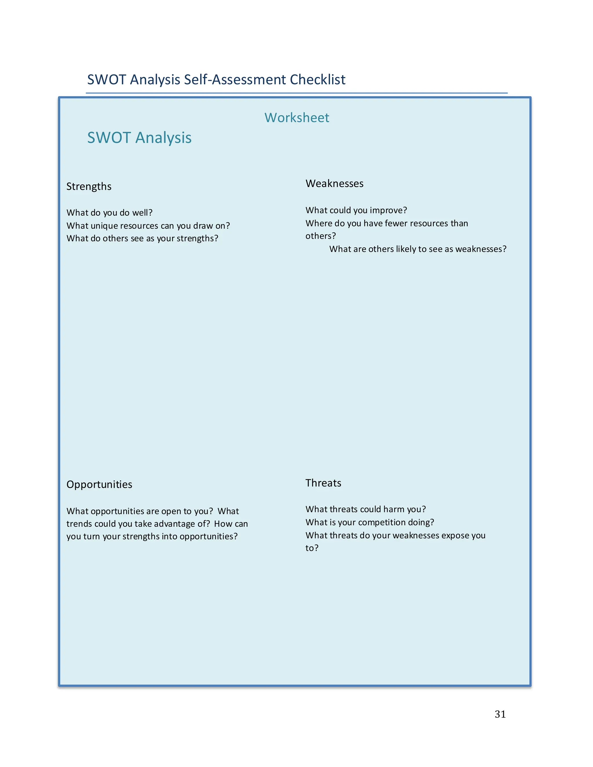 31
SWOT Analysis Self-Assessment Checklist
Worksheet
SWOT Analysis
Strengths
What do you do well?
What unique resources can you draw on?
What do others see as your strengths?
Opportunities
What opportunities are open to you? What
trends could you take advantage of? How can
you turn your strengths into opportunities?
Weaknesses
What could you improve?
Where do you have fewer resources than
others?
What are others likely to see as weaknesses?
Threats
What threats could harm you?
What is your competition doing?
What threats do your weaknesses expose you
to?
 