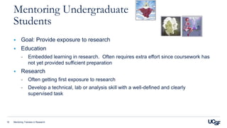 Mentoring Trainees in Research18
Mentoring Undergraduate
Students
 Goal: Provide exposure to research
 Education
- Embedded learning in research. Often requires extra effort since coursework has
not yet provided sufficient preparation
 Research
- Often getting first exposure to research
- Develop a technical, lab or analysis skill with a well-defined and clearly
supervised task
 