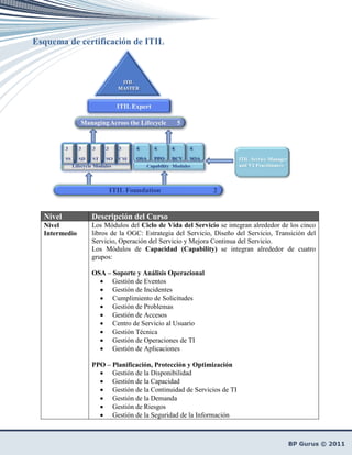 Esquema de certificación de ITIL




  Nivel        Descripción del Curso
  Nivel        Los Módulos del Ciclo de Vida del Servicio se integran alrededor de los cinco
  Intermedio   libros de la OGC: Estrategia del Servicio, Diseño del Servicio, Transición del
               Servicio, Operación del Servicio y Mejora Continua del Servicio.
               Los Módulos de Capacidad (Capability) se integran alrededor de cuatro
               grupos:

               OSA – Soporte y Análisis Operacional
                 • Gestión de Eventos
                 • Gestión de Incidentes
                 • Cumplimiento de Solicitudes
                 • Gestión de Problemas
                 • Gestión de Accesos
                 • Centro de Servicio al Usuario
                 • Gestión Técnica
                 • Gestión de Operaciones de TI
                 • Gestión de Aplicaciones

               PPO – Planificación, Protección y Optimización
                 • Gestión de la Disponibilidad
                 • Gestión de la Capacidad
                 • Gestión de la Continuidad de Servicios de TI
                 • Gestión de la Demanda
                 • Gestión de Riesgos
                 • Gestión de la Seguridad de la Información
 