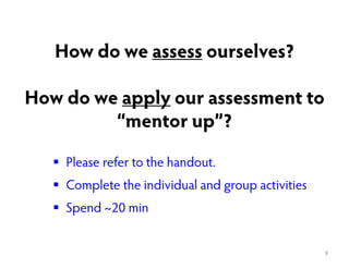 How do we assess ourselves?
How do we apply our assessment to
“mentor up”?
8
Please refer to the handout.
Complete the ind...