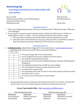 Mentoring Up - Duke BioCoRE workshop - slides & handout | PDF