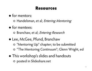 Resources
● for mentors:
○ Handelsman, et al; Entering Mentoring
● for mentees:
○ Branchaw, et al; Entering Research
● Lee...