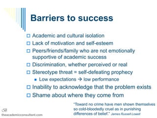Barriers to success
                Academic and cultural isolation
                Lack of motivation and self-esteem
                Peers/friends/family who are not emotionally
                 supportive of academic success
                Discrimination, whether perceived or real
                Stereotype threat = self-defeating prophecy
                      Low expectations  low performance
                Inability to acknowledge that the problem exists
                Shame about where they come from
                                     “Toward no crime have men shown themselves
B                                    so cold-bloodedly cruel as in punishing
theacademicconsultant.com            differences of belief.” James Russell Lowell
 
