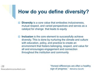 How do you define diversity?
                  Diversity is a core value that embodies inclusiveness,
                     mutual respect, and varied perspectives and serves as a
                     catalyst for change that leads to equity

                  Inclusion is the core element to successfully achieve
                     diversity. This is done by nurturing the climate and culture
                     with education, policy, and practice to create an
                     environment that fosters belonging, respect, and value for
                     all and encourages engagement and connection
                     throughout the institution and community




B                                             “Honest differences are often a healthy
theacademicconsultant.com                     sign of progress.” Mahatma Gandhi
 