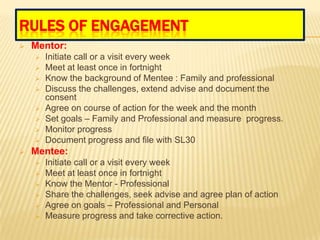 RULES OF ENGAGEMENT
   Mentor:
       Initiate call or a visit every week
       Meet at least once in fortnight
       Know the background of Mentee : Family and professional
       Discuss the challenges, extend advise and document the
        consent
       Agree on course of action for the week and the month
       Set goals – Family and Professional and measure progress.
       Monitor progress
       Document progress and file with SL30
   Mentee:
       Initiate call or a visit every week
       Meet at least once in fortnight
       Know the Mentor - Professional
       Share the challenges, seek advise and agree plan of action
       Agree on goals – Professional and Personal
       Measure progress and take corrective action.
 