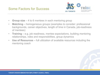 Some Factors for SuccessGroup size – 4 to 6 mentees in each mentoring groupMatching – homogeneous groups (examples to consider: professional backgrounds, career objectives, length of time in Canada, job-readiness of mentees)Training – e.g. job readiness, mentee expectations, building mentoring relationships, roles and responsibilities, group dynamicsUse of Resources – full utilization of available resources including the mentoring coach