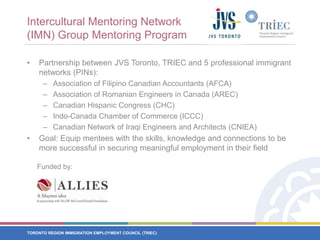 Intercultural Mentoring Network (IMN) Group Mentoring ProgramPartnership between JVS Toronto, TRIEC and 5 professional immigrant networks (PINs):Association of Filipino Canadian Accountants (AFCA)Association of Romanian Engineers in Canada (AREC)Canadian Hispanic Congress (CHC)Indo-Canada Chamber of Commerce (ICCC)Canadian Network of Iraqi Engineers and Architects (CNIEA)Goal: Equip mentees with the skills, knowledge and connections to be more successful in securing meaningful employment in their fieldFunded by: