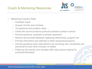 Coach & Mentoring ResourcesMentoring Coach’s RoleFacilitate matchSupport mentor and menteesTroubleshoot and problem solveClarify the communications protocols between parties involvedProvide guidance; available to answer questionsReceive and provide feedback regarding relationship, program etc., Provide information and referrals to other resources/programs Provide guidance when expectations are not being met, boundaries are perceived to have been crossed, or testedFollow up the mentor and mentees after each group meeting for evaluation/feedback