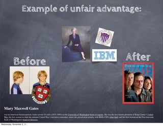 Example of unfair advantage:




             Before                                                                                                                             After



   Mary Maxwell Gates
   was an American businessperson. Gates served 18 years (1975–1993) on the University of Washington board of regents. She was the ﬁrst female president of King County’s United
   Way, the ﬁrst woman to chair the national United Way’s executive committee where she served most notably with IBM's CEO, John Opel, and the ﬁrst woman on the First Interstate
   Bank of Washington's board of directors.

Wednesday, November 2, 11
 