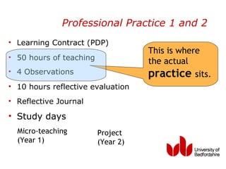 Professional Practice 1 and 2
• Learning Contract (PDP)
                                    This is where
• 50 hours of teaching
                                    the actual
• 4 Observations                    practice sits.
• 10 hours reflective evaluation
• Reflective Journal

• Study days
  Micro-teaching         Project
  (Year 1)               (Year 2)
 