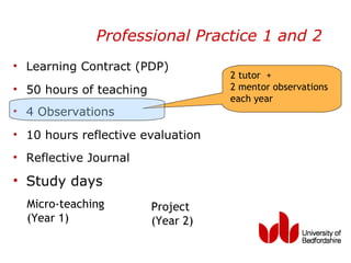 Professional Practice 1 and 2
• Learning Contract (PDP)
                                    2 tutor +
• 50 hours of teaching              2 mentor observations
                                    each year
• 4 Observations
• 10 hours reflective evaluation
• Reflective Journal

• Study days
  Micro-teaching         Project
  (Year 1)               (Year 2)
 
