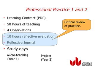 Professional Practice 1 and 2
• Learning Contract (PDP)
                                    Critical review
• 50 hours of teaching
                                    of practice.
• 4 Observations
• 10 hours reflective evaluation
• Reflective Journal

• Study days
  Micro-teaching         Project
  (Year 1)               (Year 2)
 