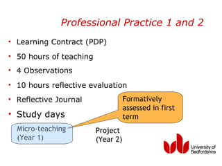 Professional Practice 1 and 2
• Learning Contract (PDP)
• 50 hours of teaching
• 4 Observations
• 10 hours reflective evaluation
• Reflective Journal                Formatively
                                    assessed in first
• Study days                        term
  Micro-teaching         Project
  (Year 1)               (Year 2)
 