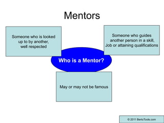 Mentors Someone who guides  another person in a skill, Job or attaining qualifications Someone who is looked  up to by another,  well respected Who is a Mentor? May or may not be famous 