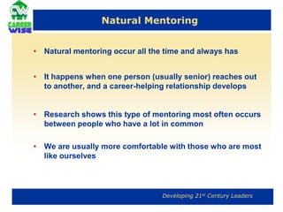 Different Types of MentoringNatural mentoringSituational mentoringSupervisory mentoringFormal facilitated mentoring (Navy Model)