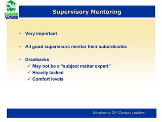 Situational MentoringSituational mentoring is usually short-lived and happens for a specific purposeAn example would be when one worker helps another with a new office computer system, or when someone goes on an “informational interview” with someone who is in a career they are considering