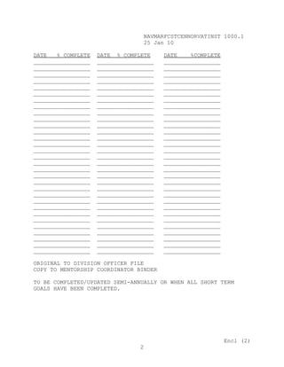 NAVMARFCSTCENNORVATINST 1000.1
                                  25 Jan 10

DATE   % COMPLETE   DATE % COMPLETE     DATE    %COMPLETE
_________________   _________________   _________________
_________________   _________________   _________________
_________________   _________________   _________________
_________________   _________________   _________________
_________________   _________________   _________________
_________________   _________________   _________________
_________________   _________________   _________________
_________________   _________________   _________________
_________________   _________________   _________________
_________________   _________________   _________________
_________________   _________________   _________________
_________________   _________________   _________________
_________________   _________________   _________________
_________________   _________________   _________________
_________________   _________________   _________________
_________________   _________________   _________________
_________________   _________________   _________________
_________________   _________________   _________________
_________________   _________________   _________________
_________________   _________________   _________________
_________________   _________________   _________________
_________________   _________________   _________________
_________________   _________________   _________________
_________________   _________________   _________________
_________________   _________________   _________________
_________________   _________________   _________________
_________________   _________________   _________________
_________________   _________________   _________________
_________________   _________________   _________________
_________________   _________________   _________________
_________________   _________________   _________________

ORIGINAL TO DIVISION OFFICER FILE
COPY TO MENTORSHIP COORDINATOR BINDER

TO BE COMPLETED/UPDATED SEMI-ANNUALLY OR WHEN ALL SHORT TERM
GOALS HAVE BEEN COMPLETED.




                                                            Encl (2)
                                 2
 