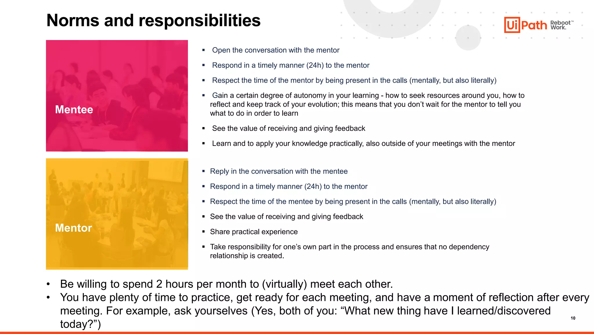 10
Norms and responsibilities
Mentee
Mentor
▪ Open the conversation with the mentor
▪ Respond in a timely manner (24h) to the mentor
▪ Respect the time of the mentor by being present in the calls (mentally, but also literally)
▪ Gain a certain degree of autonomy in your learning - how to seek resources around you, how to
reflect and keep track of your evolution; this means that you don’t wait for the mentor to tell you
what to do in order to learn
▪ See the value of receiving and giving feedback
▪ Learn and to apply your knowledge practically, also outside of your meetings with the mentor
▪ Reply in the conversation with the mentee
▪ Respond in a timely manner (24h) to the mentor
▪ Respect the time of the mentee by being present in the calls (mentally, but also literally)
▪ See the value of receiving and giving feedback
▪ Share practical experience
▪ Take responsibility for one’s own part in the process and ensures that no dependency
relationship is created.
• Be willing to spend 2 hours per month to (virtually) meet each other.
• You have plenty of time to practice, get ready for each meeting, and have a moment of reflection after every
meeting. For example, ask yourselves (Yes, both of you: “What new thing have I learned/discovered
today?”)
 