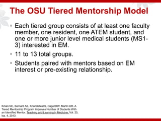 The OSU Tiered Mentorship Model
 Each tiered group consists of at least one faculty
member, one resident, one ATEM student, and
one or more junior level medical students (MS1-
3) interested in EM.
 11 to 13 total groups.
 Students paired with mentors based on EM
interest or pre-existing relationship.
Kman NE, Bernard AB, Khandelwal S, Nagel RW, Martin DR. A
Tiered Mentorship Program Improves Number of Students With
an Identified Mentor. Teaching and Learning in Medicine. Vol. 25,
Iss. 4, 2013.
 