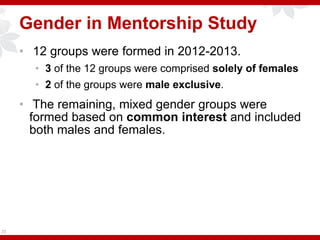 Gender in Mentorship Study
• 12 groups were formed in 2012-2013.
• 3 of the 12 groups were comprised solely of females
• 2 of the groups were male exclusive.
• The remaining, mixed gender groups were
formed based on common interest and included
both males and females.
25
 