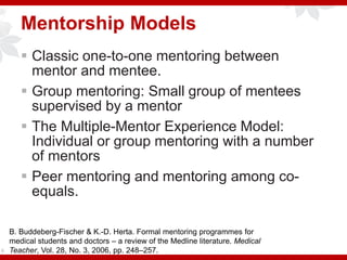 Mentorship Models
 Classic one-to-one mentoring between
mentor and mentee.
 Group mentoring: Small group of mentees
supervised by a mentor
 The Multiple-Mentor Experience Model:
Individual or group mentoring with a number
of mentors
 Peer mentoring and mentoring among co-
equals.
6
B. Buddeberg-Fischer & K.-D. Herta. Formal mentoring programmes for
medical students and doctors – a review of the Medline literature. Medical
Teacher, Vol. 28, No. 3, 2006, pp. 248–257.
 