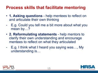 Process skills that facilitate mentoring
• 1. Asking questions - help mentees to reflect on
and articulate their own thinking
- E.g. Could you tell me a bit more about what you
mean by…?
• 2. Reformulating statements - help mentors to
clarify their own understanding and encourage
mentees to reflect on what they articulated
- E.g. I think what I heard you saying was…, My
understanding is…
15
 