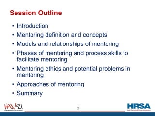 Session Outline
• Introduction
• Mentoring definition and concepts
• Models and relationships of mentoring
• Phases of mentoring and process skills to
facilitate mentoring
• Mentoring ethics and potential problems in
mentoring
• Approaches of mentoring
• Summary
2
 