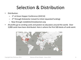 Selection & Distribution
• Distribution:
– 1st at Grace Hopper Conference (GHC14)
– 2nd through Kickstarter (raised 5x ini...