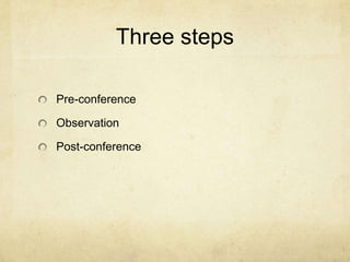 Three steps

Pre-conference

Observation

Post-conference
 