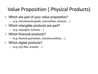 Value Proposition ( Physical Products)
• Which are part of your value proposition?
– (e.g. manufactured goods, commodities, produce, ...)

• Which intangible products are part?
– (e.g. copyrights, licenses, ...)

• Which financial products?
– (e.g. financial guarantees, insurance policies, ...)

• Which digital products?
– (e.g. mp3 files, e-books, ...)

 