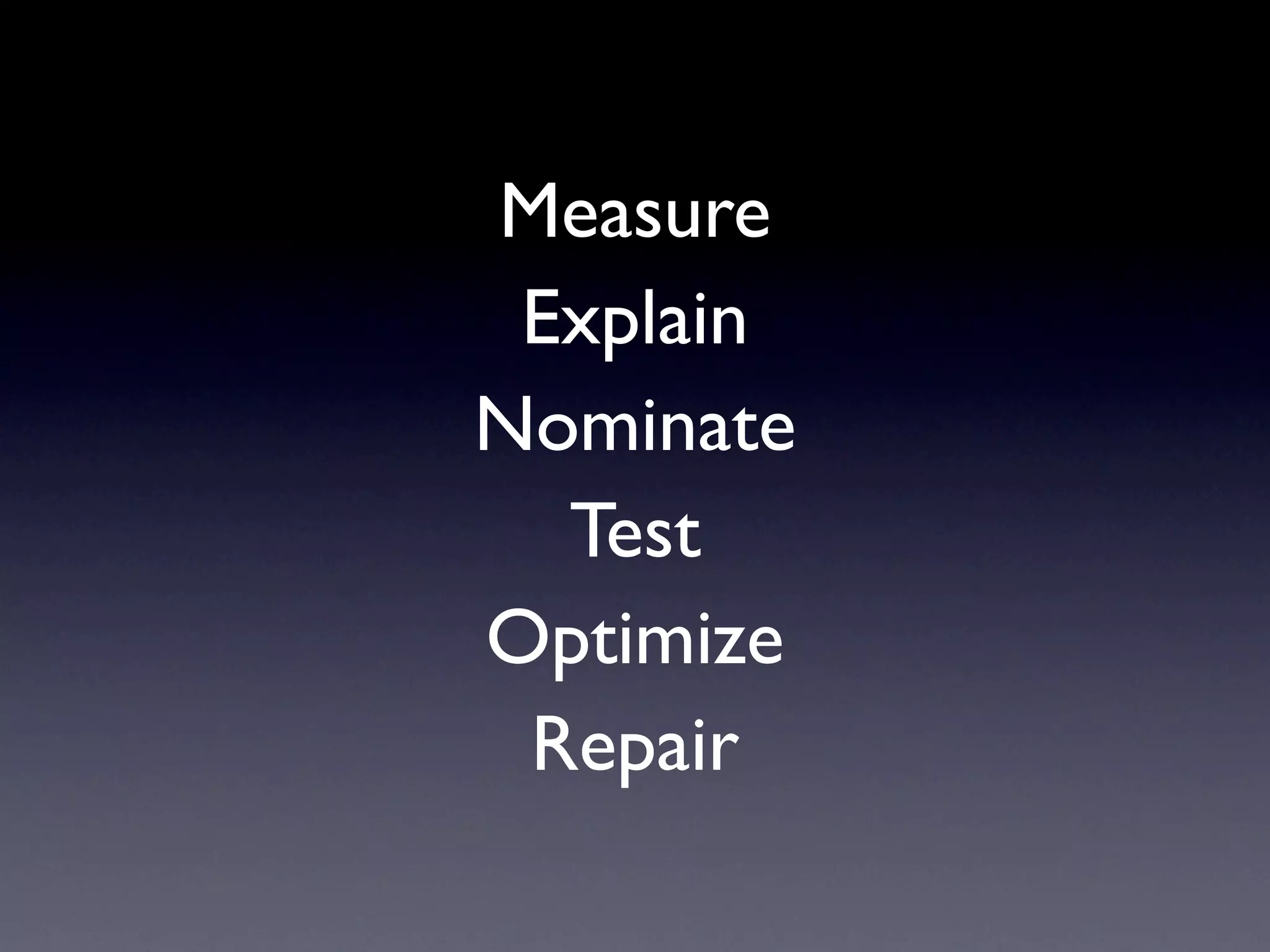 Measure
 Explain
Nominate
  Test
Optimize
 Repair
 