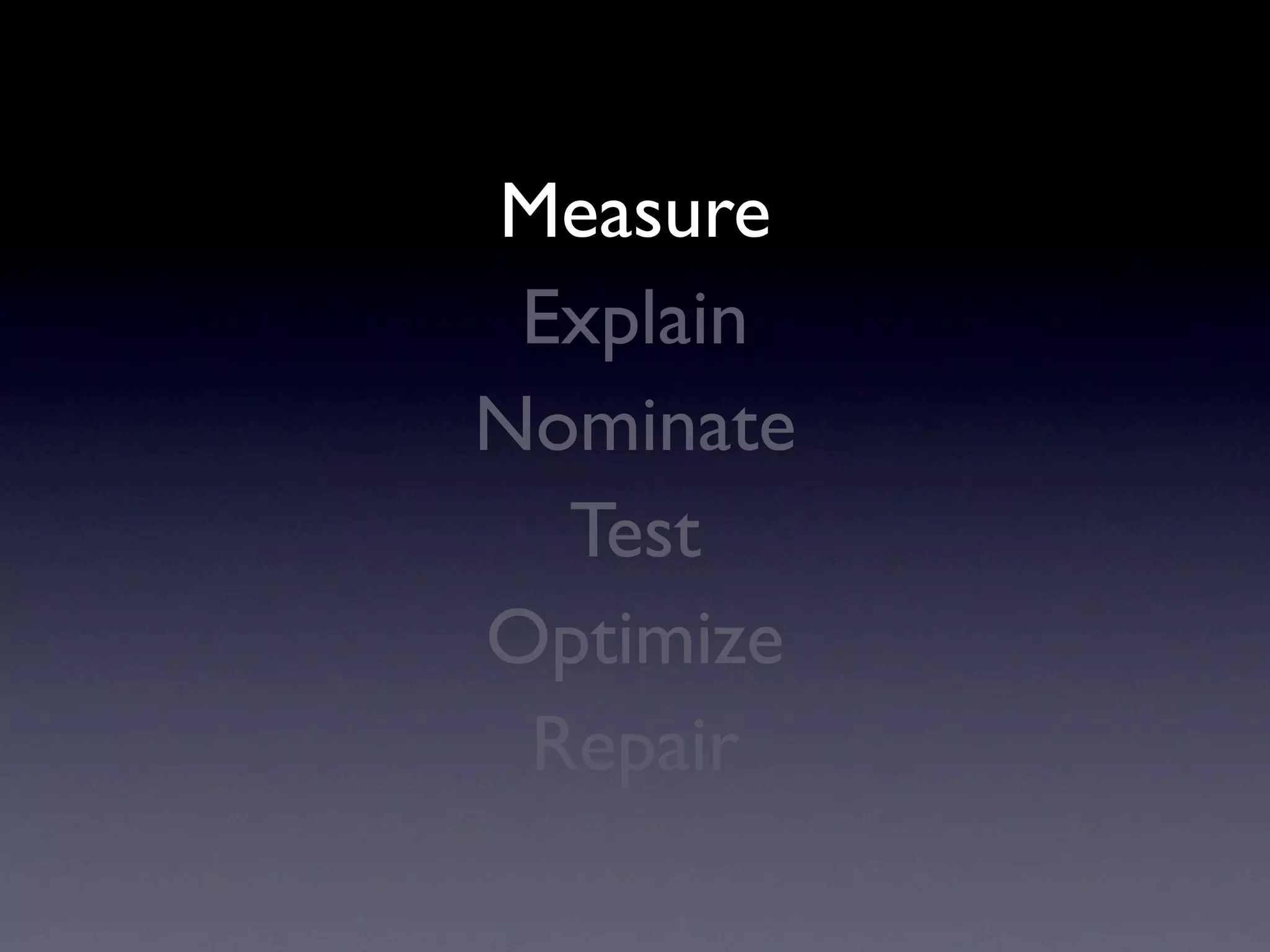 Measure
 Explain
Nominate
  Test
Optimize
 Repair
 