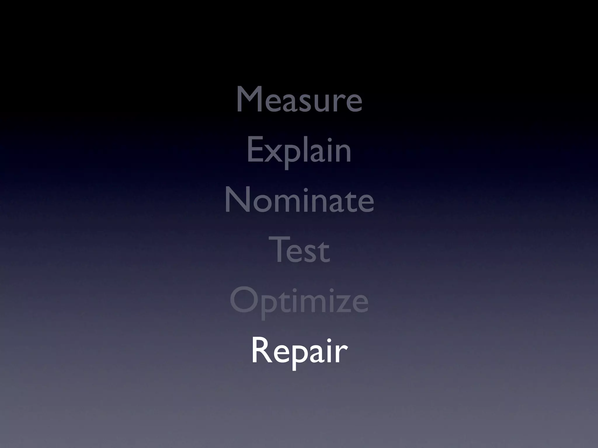 Measure
 Explain
Nominate
  Test
Optimize
 Repair
 