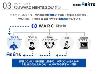 なぜWARC MENTSなのか？①03 ソリューション
9
M&A
アドバイザリー
投資コンサル
ティング
タレント
エージェンシー
自社開発
プロダクト
ベンチャーネットワークの豊富な経営陣に「情報」が集まるのに加え、
WARCは、「情報」が...
