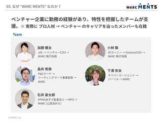 ベンチャー企業に勤務の経験があり、特性を把握したチームが支
援。※ 実際に プロ人材 → ベンチャー のキャリアを辿ったメンバーも在籍
03. なぜ “WARC MENTS” なのか？
© WARC Inc.
加藤 健太
JAC → ベンチャーCOO →
WARC 執行役員
長井 秀興
P&Gマーケ →
リーディングマーク事業部長 →
WARC
小林 駿
ATカーニー → OstanceCOO →
WARC 執行役員
下澤 奈未
サイバーエージェント →
パーソル → WARC
石井 豪太郎
KPMGあずさ監査法人 → NPO →
WARC (公認会計士)
Team
 
