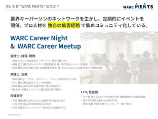 業界キーパーソンのネットワークを生かし、定期的にイベントを
開催。プロ人材を 独自の集客経路 で集めコミュニティ化している。
03. なぜ “WARC MENTS” なのか？
© WARC Inc.
WARC Career Night
& WARC Career Meetup
会計士, 経理, 財務
・松井 しのぶ (株式会社ユーザベース 執行役員COO)
・福島 史之 (株式会社メルカリ 常勤監査役 兼 株式会社メルペイ 監査役)
・武地 健太 (freee株式会社 金融事業本部長 兼 freee finance lab株式会社 代表取締役)
弁護士, 法務
・岡本 杏莉 (トリプル・ダブリュー・ジャパン株式会社 CCO)
・小川 智也 (株式会社アカツキ取締役)
・草原 敦夫 (READYFOR株式会社 執行役員CLO)
・橘 大地 (弁護士ドットコム株式会社 執行役員)
投資銀行
・寺田 修輔 (株式会社じげん 取締役 執行役員 CFO)
・元田 宇亮(READYFOR株式会社 CFO)
・吉田 祐輔 (ウォンテッドリー株式会社 取締役CFO)
CFO, 監査役
・五十島 啓人 (GMOペパボ株式会社 常務取締役 HR統括部長)
・玉木 諒(株式会社SmartHR CFO)
・時田 知典 (株式会社ワンメディア 執行役員)
 