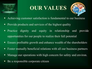 OUR VALUES
 Achieving customer satisfaction is fundamental to our business

 Provide products and services of the highest quality

 Practice dignity and equity in relationship and provide
  opportunities for our people to realize their full potential

 Ensure profitable growth and enhance wealth of the shareholders

 Foster mutually beneficial relations with all our business partners

 Manage our operations with high concern for safety and environ.

 Be a responsible corporate citizen
 