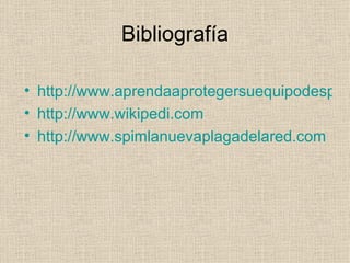 Bibliografía http://www.aprendaaprotegersuequipodespywareyadware.com http://www.wikipedi.com http://www.spimlanuevaplagadelared.com 