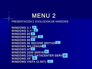 MENU 2MENU 2
PRESENTACION 2: EVOLUCION DE WINDOWSPRESENTACION 2: EVOLUCION DE WINDOWS
WINDOWS 3.1WINDOWS 3.1
WINDOWS 3.11WINDOWS 3.11
WINDOWS 95WINDOWS 95
WINDOWS 95 OSR1WINDOWS 95 OSR1
WINDOWS 98WINDOWS 98
WINDOWS 98 SECOND EDITIONWINDOWS 98 SECOND EDITION
WINDOWS MILLENIUMWINDOWS MILLENIUM
WINDOWS NTWINDOWS NT
WINDOWS 2000 SERVERWINDOWS 2000 SERVER
WINDOWS 2000 DATACENTER SERVERWINDOWS 2000 DATACENTER SERVER
WINDOWS XPWINDOWS XP
WINDOWS VISTA (2.007):WINDOWS VISTA (2.007):
 