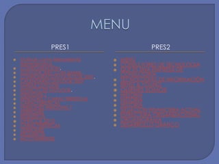 PRES1 PRES2
 Outlook como Herramienta
Administrativa.
 CONFIGURACIÒN.
 OUTLOOK 2007 CON GMAIL.
 CONFIGURACION OUTLOOK 2007.
 CALENDARIO OUTLOOK 2007
 TAREAS OUTLOOK
 IMPACTO DE OUTLOOK.
 WINDOWS 7
 WINDOWS 7 CARACTERISTICAS
 CARACTERISTICAS
 VERSIONES WINDOWS 7
 VERSIONES
 REQUISITOS
 OFFICCE 2010
 CARACTERISTICAS
 VERSIONES
 REQUISITOS
 INCOVENIENTES
 MENÙ
 CONSULTORES DE TECNOLOGIA
 QUÈ ES UNA EMPRESA DE
CONSULTORIA
 TECNOLOGIAS DE INFORMACIÒN
 ERNST & YOUNG
 QUIENES SOMOS
 HISTORIA
 HISTORIA
 HISTORIA
 SITUACION FINANCIERA ACTUAL
 ESTRUCTURA ORGANIZACIONAL
 ORGANIGRAMA
 DESARROLLO GRÀFICO
 