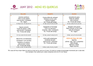 JUNY 2012 – MENÚ IES QUERCUS

                        DILLUNS                                         DIMARTS                                      DIJOUS
    4                                                5                                            7
                  Llenties jardinera                          Crema tèbia de carbassó                       Amanida de pasta
                 Filet rus de vedella                           Pollastre al forn amb                        Rodó de vedella
               amb enciam i tomàquet                              patates fregides                             amb verdures
                      Pa / Iogurt                              Pa / Fruita del temps                       Pa / Fruita del temps
              HC: 80g Lip:31g Prot:36g Kcal:741               HC: 86g Lip:22g Prot:42g Kcal:589           HC:74g Lip:40g Prot:51g Kcal:760
    11                                               12                                           14
                   Cigrons amanits                            Espaguetis al formatge                       Mongeta amb patata
               Truita de patata i ceba                          Lluç a la marinera                       Rostit de porc al forn amb
               amb enciam i tomàquet                        (musclos, ceba i tomàquet)                       salsa de tomàquet
                Pa / Fruita del temps                          Pa / Fruita del temps                             Pa / Iogurt

               HC: 53g Lip:32g Prot:27g Kcal:607              HC:102g Lip:20g Prot:40g Kcal:752           HC:88g Lip:31g Prot:33g Kcal:683

    18                                               19                                           21
              Macarrons a la bolonyesa                        Arròs amb xampinyons                       FESTA DE FINAL DE CURS
              (tomàquet i carn picada)                          Combinat de peix                                   Aperitiu
                                                              amb enciam i maionesa                    (olives, xips, fuet i croquetes)
                Pollastre a la planxa                          Pa / Fruita del temps                             Adara Burger
                 amb enciam i olives                                                                           Refrescs i Gelat
                Pa / Fruita del temps                                                                           Regal sorpresa
              HC:95g Lip:33g Prot:40g Kcal:844               HC:99g Lip:35g Prot:31g Kcal:831


Per causa de força major Adara es reserva el dret de fer canvis en el menú. Es tindrà en compte els gramatges recomanats per a cada edat.
                               Com exemple s’han calibrat per a edats compreses entre els 10 i els 14anys.
 