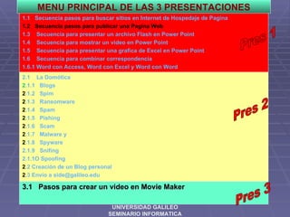 3.1     Pasos para crear un video en Movie Maker UNIVERSIDAD GALILEO SEMINARIO INFORMATICA 1.1   Secuencia pasos para buscar sitios en Internet de Hospedaje de Pagina 1.2  Secuencia pasos para publicar una Pagina Web 1.3    Secuencia para presentar un archivo Flash en Power Point 1.4    Secuencia para mostrar un video en Power Point 1.5    Secuencia para presentar una grafica de Excel en Power Point 1.6    Secuencia para combinar correspondencia 1.6.1 Word con Access, Word con Excel y Word con Word 2.1    La Domótica 2 .1.1   Blogs 2 .1.2   Spim 2 .1.3   Ransomware  2 .1.4   Spam  2 .1.5   Pishing 2 .1.6   Scam 2 .1.7   Malware y  2 .1.8   Spyware 2.1.9    Snifing 2.1.1O  Spoofing 2 .2 Creación de un Blog personal 2 .3 Envío a side@galileo.edu MENU PRINCIPAL DE LAS 3 PRESENTACIONES Pres 1 Pres 2 Pres 3 