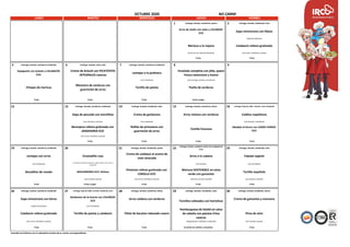 OCTUBRE 2020
LUNES MARTES MIERCOLES JUEVES VIERNES
1 Lechuga, tomate, zanahoria, queso 2 Lechuga, tomate, lombarda, maíz
Arroz de otoño con setas y CALABAZA
ECO
Sopa minestrone con fideos
(sopa de verduras)
Merluza a la riojana Calabacín relleno gratinado
(al horno con salsa de hortalizas) (con arroz, hortalizas y queso)
5 Lechuga, tomate, zanahoria, lombarda 6 Lechuga, tomate, maíz, atún 7 Lechuga, tomate, zanahoria, lombarda 8 9
Espaguetis con tomate y CALABACÍN
ECO
Crema de brócoli con PICATOSTES
INTEGRALES caseros
Lentejas a la jardinera
Ensalada completa con piña, queso
fresco valenciano y huevo
(con hortalizas) (con lechuga, tomate y zanahoria)
Chispas de merluza
Menestra de verduras con
guarnición de arroz
Tortilla de patata Paella de verduras
12 13 Lechuga, tomate, zanahoria, lombarda 14 Lechuga, tomate, lombarda, maíz 15 Lechuga, tomate, zanahoria, olivas 16 Lechuga, hoja de roble, tomate, maíz, lombarda
Sopa de pescado con estrellitas Crema de garbanzos Arroz meloso con verduras Coditos napolitana
(con merluza y marisco) (con hortalizas) (con tomate y hortalizas)
Berenjena rellena gratinada con
ZANAHORIA ECO
Rollito de primavera con
guarnición de arroz
Tortilla francesa
Abadejo al horno con JUDÍAS VERDES
ECO
(con arroz, hortalizas y queso)
19 Lechuga, tomate, zanahoria, lombarda 20 21 Lechuga, tomate, lombarda, queso 22
Lechuga, tomate, zanahoria, olivas con vinagreta de
fresa
23 Lechuga, tomate, lombarda, maíz
Lentejas con arroz Ensaladilla rusa
Crema de calabaza al aroma de
nuez moscada
Arroz a la cubana Fabada vegetal
(con hortalizas)
(con patata, zanahoria, guisantes, judías verdes, huevo, atún y
mayonesa)
(con tomate) (con hortalizas)
Bocaditos de rosada MACARRONES ECO italiana
Pimiento relleno gratinado con
CEBOLLA ECO
Merluza SOSTENIBLE en salsa
verde con guisantes
Tortilla española
(con tomate y queso) (con arroz, hortalizas y queso) (al horno con ajo y perejil) (con patata y cebolla)
26 Lechuga, tomate, zanahoria, lombarda 27 Lechuga, hoja de roble, tomate, lombarda, atún 28 Lechuga, tomate, zanahoria, olivas 29 Lechuga, tomate, remolacha, maíz 30 Lechuga, tomate, lombarda, huevo
Sopa minestrone con letras
Garbanzos de la huerta con CALABAZA
ECO
Arroz caldoso con verduras
Tornillos salteados con hortalizas
Crema de guisantes y manzana
(sopa de verduras) (con hortalizas)
Calabacín relleno gratinado Tortilla de patata y calabacín Filete de bacalao rebozado casero
Hamburguesa de falafel en salsa
de cebolla con patatas fritas
caseras
Pizza de atún
(con arroz, hortalizas y queso) (de garbanzos, hortalizas y especias) (con tomate y queso)
Fruta Fruta Fruta Cornette de vainilla y chocolate Fruta
Consulte los festivos con el calendario escolar de su centro correspondiente
Fruta
Fruta Fruta y yogur Fruta Fruta Fruta
Fruta Fruta Fruta Fruta y yogur
Fruta Fruta Fruta
NO CARNE
Fruta Fruta
 