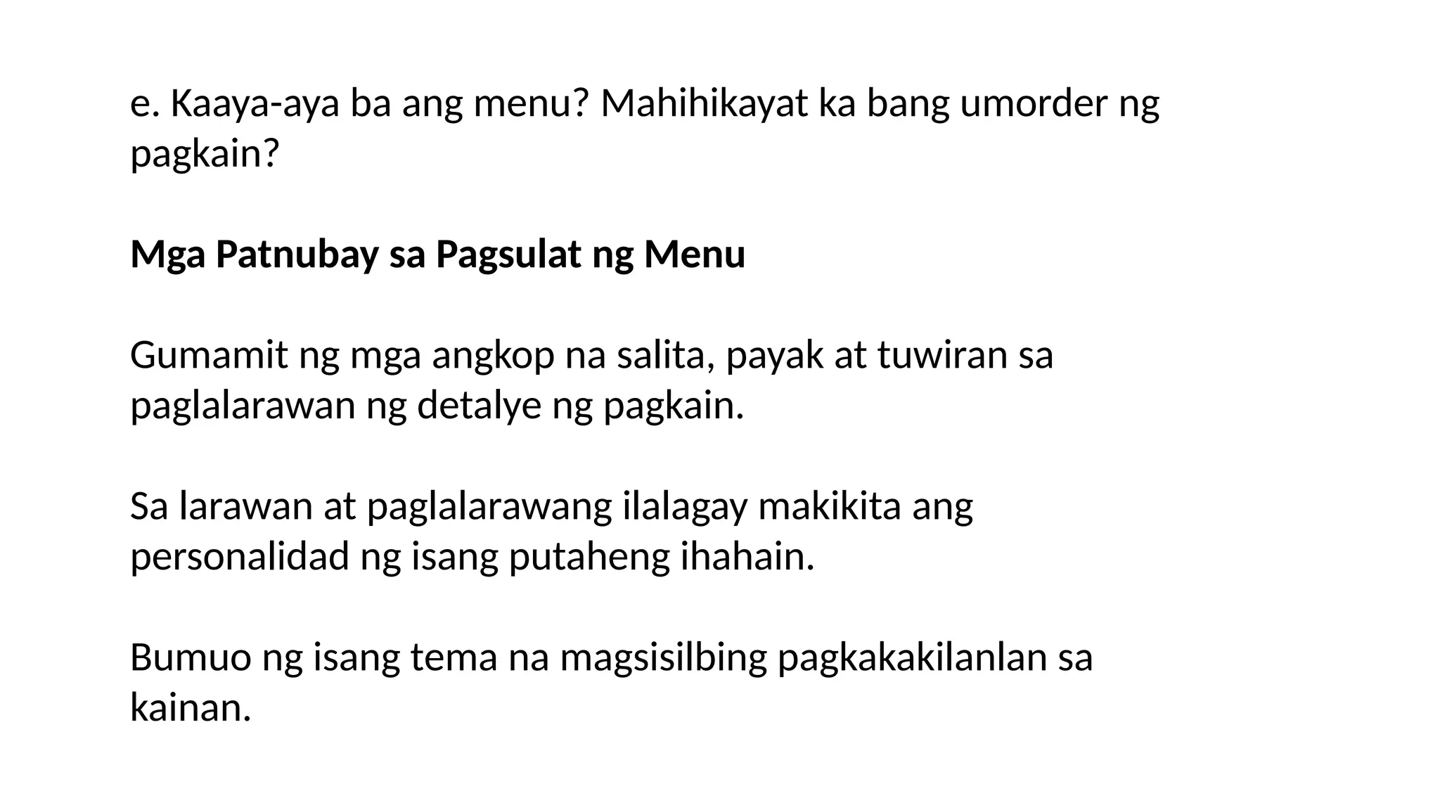 ARALIN SA PILING LARANG TEKBOK MENU ng PAGKAIN | PPTX