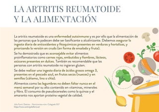 La artritis reumatoide es una enfermedad autoinmune y es por ello que la alimentación de
las personas que la padecen debe ser basificante o alcalinizante. Debemos asegurar la
ingesta diaria de antioxidantes y fitoquímicos presentes en verduras y hortalizas, y
priorizando la versión en crudo (en forma de ensalada y fruta).
Se ha demostrado que es aconsejable evitar alimentos
proinflamatorios como carnes rojas, embutidos y fiambres, lácteos,
azúcares presentes en dulces. También es recomendable que las
personas con artritis reumatoide no ingieran gluten.
Se debe realizar una ingesta diaria de ácidos grasos omega 3,
presentes en el pescado azul, en frutos secos (nueces) y en
semillas (cáñamo, lino o chía).
Alimentos como las legumbres no deben faltar nunca en el
menú semanal por su alto contenido en vitaminas, minerales
y fibra. El consumo de pseudocereales como la quínoa y el
amaranto nos aportan proteína vegetal de calidad.
Júlia Farré. Dietista – Nutricionista núm. Colegiada 507
https://www.centrojuliafarre.es/
LA ARTRITIS REUMATOIDE
Y LA ALIMENTACIÓN
 