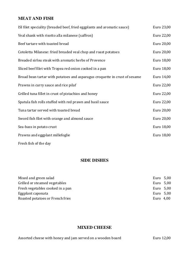 Menu Estate In Inglese Docx
